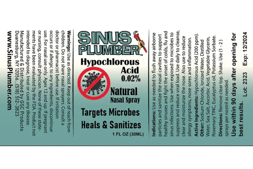 Sinus Plumber Antimicrobial Hypochlorous Acid Nasal Spray for Removing Bacteria, 1 Fl Oz