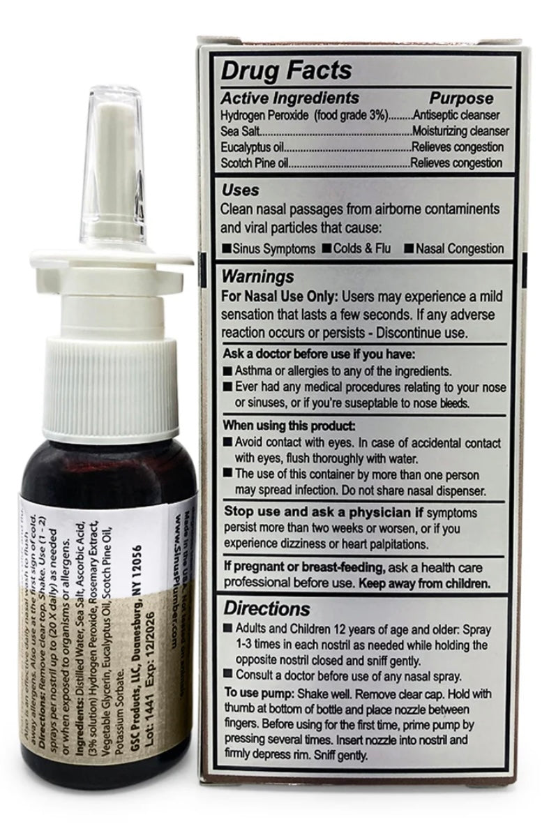 Sinus Plumber Hydrogen Peroxide Nasal Spray for Cold and Flu, 1 Fl Oz