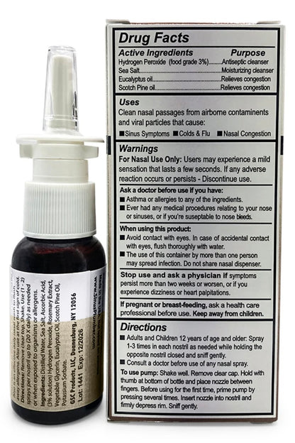 Sinus Plumber Hydrogen Peroxide Nasal Spray for Cold and Flu, 1 Fl Oz